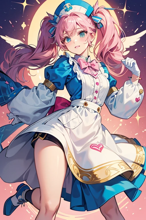 Sigewinne's hair is tied in pigtails by two white pom-poms. Atop her head, she wears a nurse's cap, adorned with small gold trinkets.
ice hair. Her outfit is, a turquoise undercoat with a large pink bow combined with a golden fastener. Her sleeves have golden patterns with white cuffs and a pink stripe, with two gold heart-shaped buttons attached to them. She also wears a pair of white gloves. Overtop, she wears a white apron with gold clips on the top and a heart-shaped pocket on the bottom. Her apron is adorned with multiple pink and blue bowties arranged around the hem. A golden heart-shaped ornament is attached to the apron with a heart monitor in the middle; the monitor shows a broken heart on the left side and a normal heart on the right. Underneath that are a set of black shorts with golden print, that have open sides revealing some white ruffles. The shorts are rolled up, revealing a white underside, and are held in place by bunny-shaped gold clips. Furthermore, she sports white tights with light blue and pink decals on the sides.
Sigewinne's footwear is a set of black moccasin-style shoes with blue-striped socks, along with short ankle warmers that have blue ribbons and are held on with 2 golden buttons each. On her back, there's a pink bow with her Hydro Vision attached and a pair of white decorative wings on top of the vision. SPARKLE; GLITTER