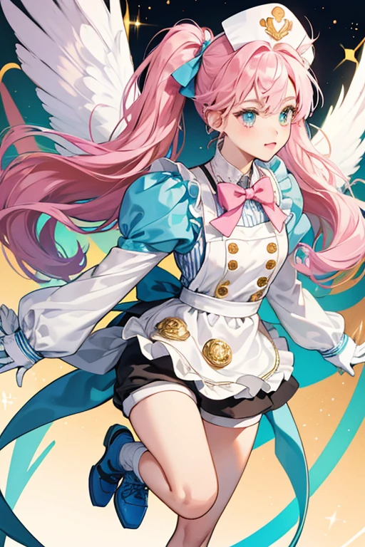 Sigewinne's hair is tied in pigtails by two white pom-poms. Atop her head, she wears a nurse's cap, adorned with small gold trinkets.
ice hair. Her outfit is, a turquoise undercoat with a large pink bow combined with a golden fastener. Her sleeves have golden patterns with white cuffs and a pink stripe, with two gold heart-shaped buttons attached to them. She also wears a pair of white gloves. Overtop, she wears a white apron with gold clips on the top and a heart-shaped pocket on the bottom. Her apron is adorned with multiple pink and blue bowties arranged around the hem. A golden heart-shaped ornament is attached to the apron with a heart monitor in the middle; the monitor shows a broken heart on the left side and a normal heart on the right. Underneath that are a set of black shorts with golden print, that have open sides revealing some white ruffles. The shorts are rolled up, revealing a white underside, and are held in place by bunny-shaped gold clips. Furthermore, she sports white tights with light blue and pink decals on the sides.
Sigewinne's footwear is a set of black moccasin-style shoes with blue-striped socks, along with short ankle warmers that have blue ribbons and are held on with 2 golden buttons each. On her back, there's a pink bow with her Hydro Vision attached and a pair of white decorative wings on top of the vision. SPARKLE; GLITTER
