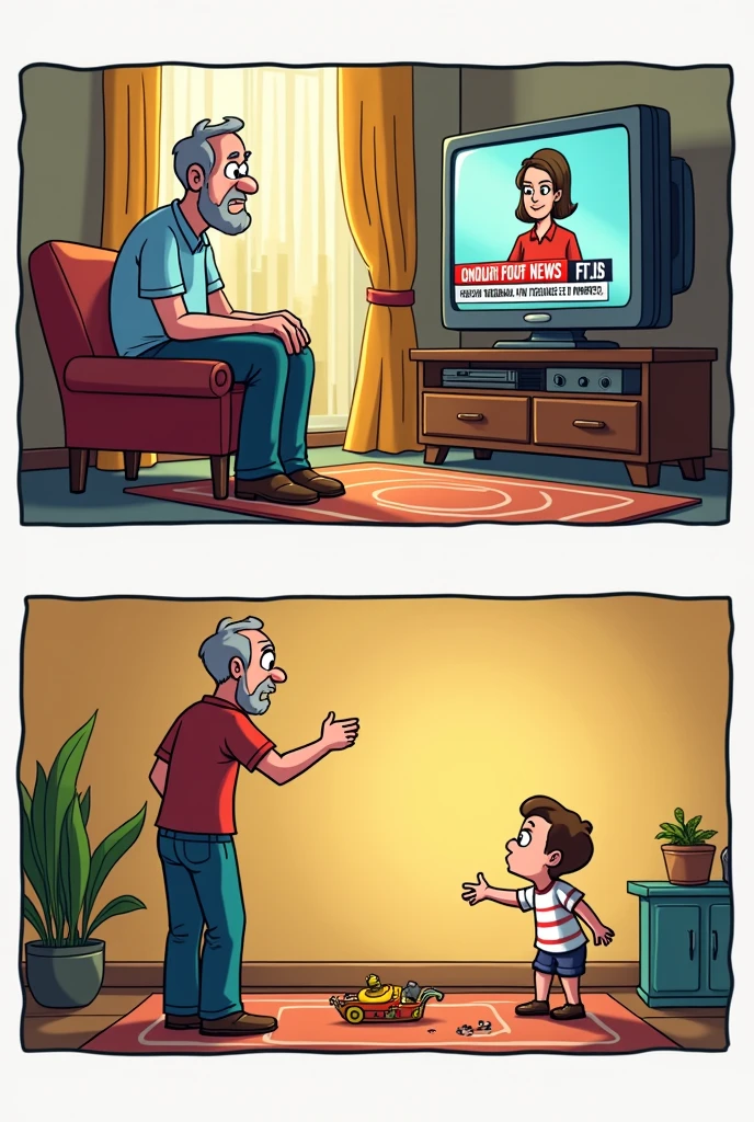 Create a cartoon where in the first frame a man is watching TV in a living room, where there is a child playing on the floor, and on TV there is news about a woman who was attacked, and the man thinks it's wrong, In the next cartoon the child breaks a toy and the man raises his hand to attack him.