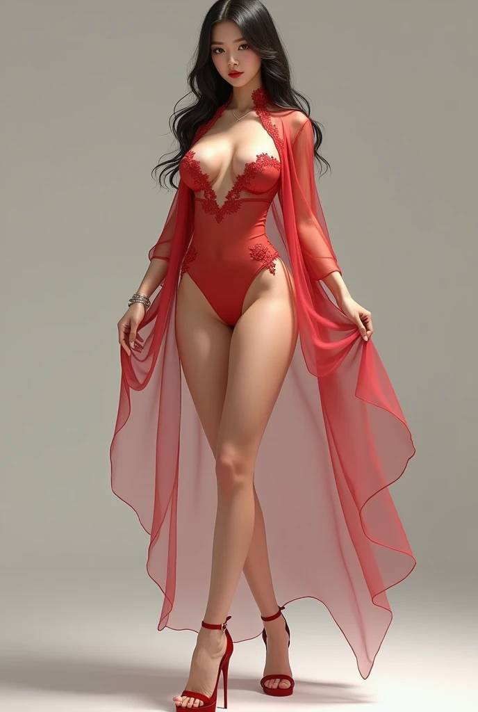 ((best quality)), ((masterpiece)), (detailed), Asian young girl, Large Breasts, full-body shot, strapless see through tight ice silk long tube dress, pantyhose, 20cm platform stiletto heel round toe low boots