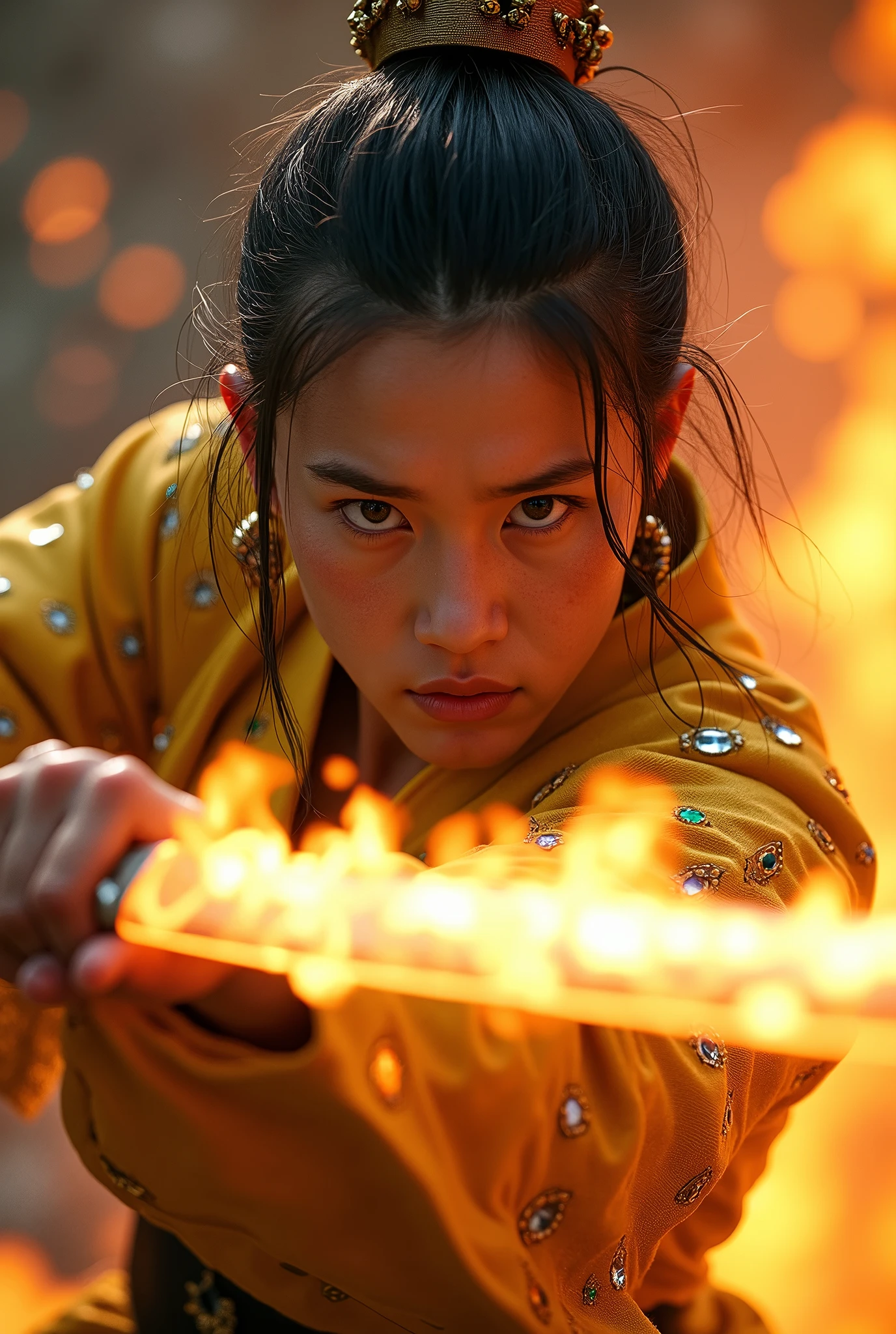Ninja with light gold colored clothes and ruby green precious stones, showing male face in fire sword photo