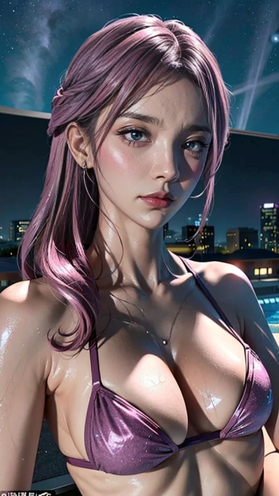 High resolution, masterpiece, Accurate, Anatomically correct, number々Awards for, Highest quality, Corruption, Attention to detail, High resolutionモデル, Very detailed, 超High resolution, Textured skin, The perfect human body、Detailed Background、Complete human、movie light effect, Background Blur, movie, Video recording,
(((night:1.5, 深night:1.8, Starry Sky、night scene、Night pool on the roof of the building 、Nighttime pool with pink lighting:1.8),
((Large Breasts Cleavage, Large Breasts, Long Hair, ))
(make up, Slingshot Micro Bikini:1.3)Double bun hairstyle, Inner Color,