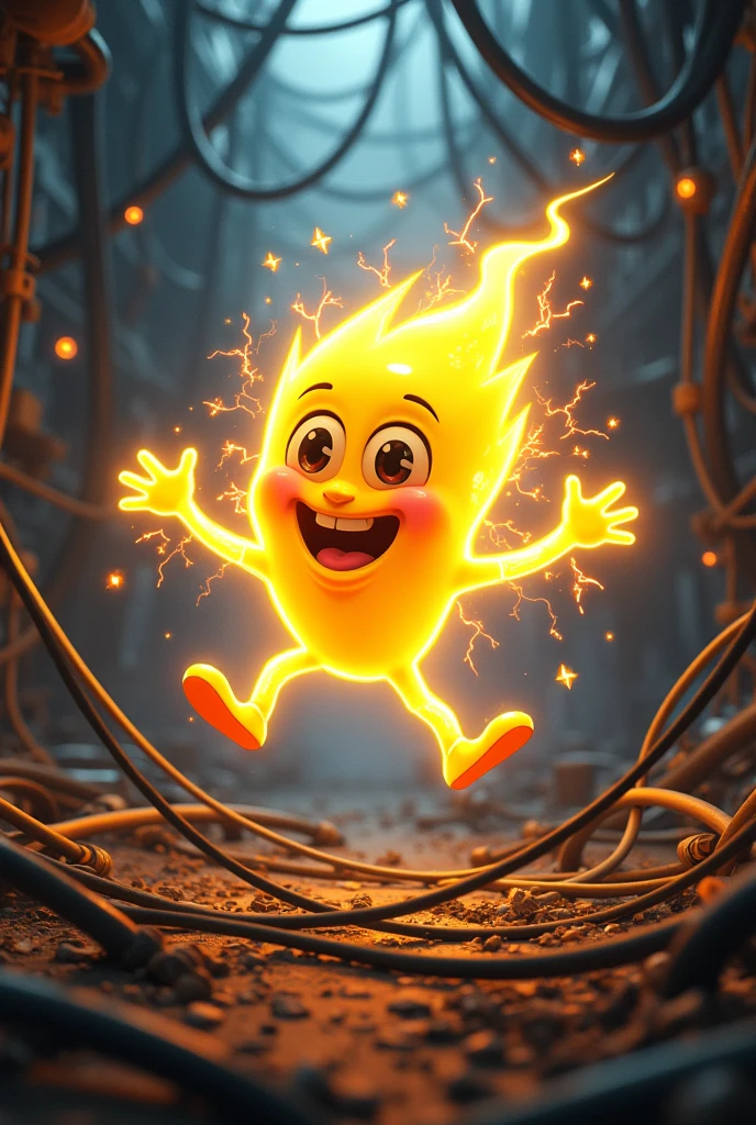 A spark of energy with a friendly face, jumping around electric wires.