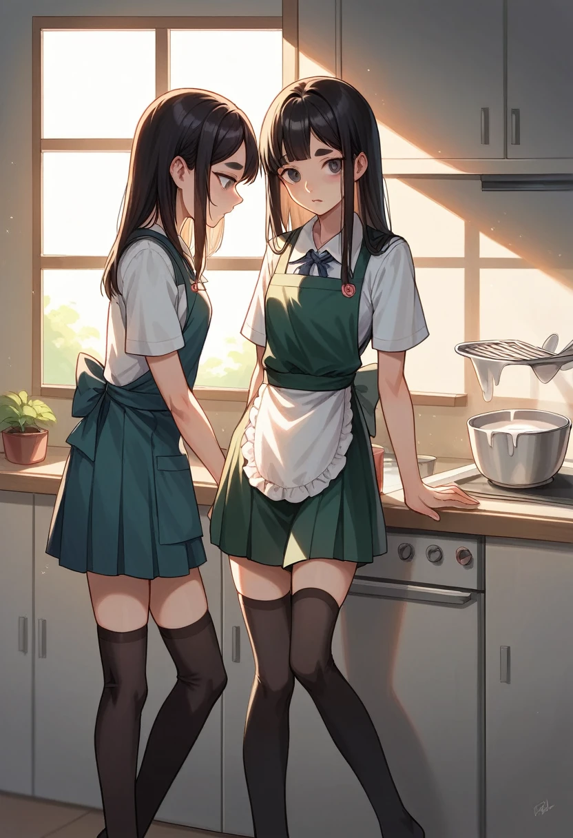 intimate kitchen ambiance, school uniform girl, black over-knee stockings, slender legs,
damaged stockings, milk spill accident, creamy liquid sliding down, frantic wiping,
discontented expression, furrowed brows, disdainful look, just returned from school,
preparing dinner, cherry blossom pattern apron, delicate waist, flowing black hair,
school uniform contrast, sunlight through the window, shining in the kitchen, youthful silhouette,
glossy stockings, life's little mishaps, slight embarrassment, homely warmth,
color contrast, dynamic capture, lively atmosphere, indoor natural light, afternoon sunlight,
interplay of light and shadow, smooth fabric texture, youthful energy, everyday life scene,
hurried response to spill, apron details, school uniform details, leg close-up, hand movements,
facial expression details, kitchen utensils, cooking tools, home environment, warm color tones,
soft lighting, rich in detail, realistic feel, artistic, creative composition, emotional expression.