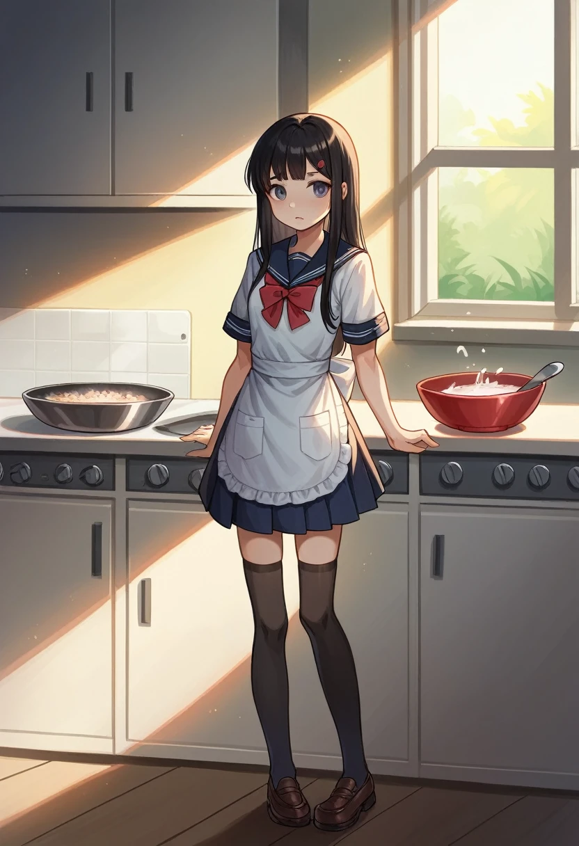 intimate kitchen ambiance, school uniform girl, black over-knee stockings, slender legs, 
damaged stockings, milk spill accident, creamy liquid sliding down, frantic wiping, 
discontented expression, furrowed brows, disdainful look, just returned from school, 
preparing dinner, cherry blossom pattern apron, delicate waist, flowing black hair, 
school uniform contrast, sunlight through the window, shining in the kitchen, youthful silhouette, 
glossy stockings, life's little mishaps, slight embarrassment, homely warmth, 
color contrast, dynamic capture, lively atmosphere, indoor natural light, afternoon sunlight, 
interplay of light and shadow, smooth fabric texture, youthful energy, everyday life scene, 
hurried response to spill, apron details, school uniform details, leg close-up, hand movements, 
facial expression details, kitchen utensils, cooking tools, home environment, warm color tones, 
soft lighting, rich in detail, realistic feel, artistic, creative composition, emotional expression.