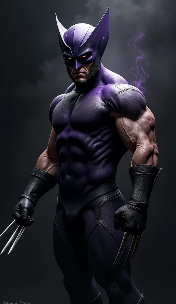 Dark, dark Wolverine character with dark purple color uniform with black gradient, with an evil energy around him, Further image from the camera with as much detail and high definition as possible, HD, Realistic. Black color shaded screen background with white.
