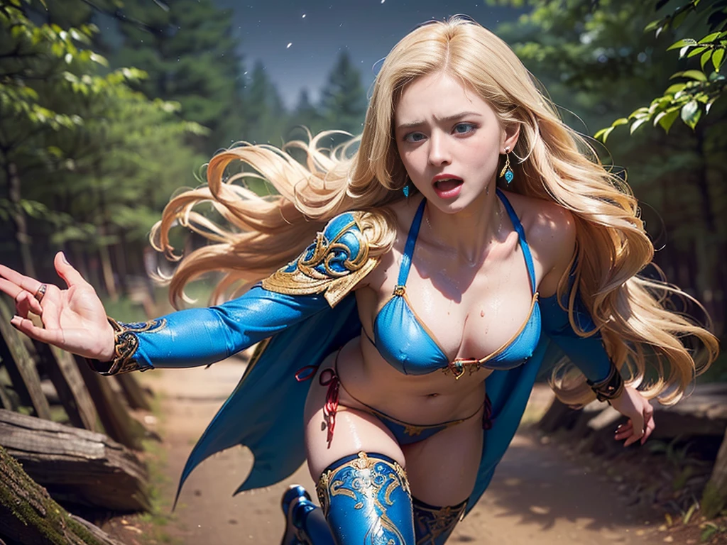 (((masterpiece, best quality))),(((high quality))),(((high resolution illustration))),(((hyper detail))),NSFW,(((Wordsworth's Sharon))),(((Very beautiful long blonde hair))),(((Very beautiful face))), ((((Detailed face)))),(((very beautiful blue eyes))),(((Realistic Skin))),(((her face is flushed))),(((slim body))),(((slim thighs))),(((small breasts))),(((very beautiful slender legs))),(((blue and red armor, thong bikini, cape, navel, thighhighs, with extremely detailed and intricate decoration))),(((boots with extremely detailed and intricate decoration))),(((cloak with very detailed and intricate decoration,))),(((beautiful earrings))),(((beautiful hair ornaments))),(((in the old dark deep forest:1.2))),(((late at night:1.7))),(((wet her skin))),(((Sharon is crying with tears streaming down her face:1.3))),(((torn clothes:1.0))),(((running))),(((Sharon is desperately trying to running escape:1.5)))