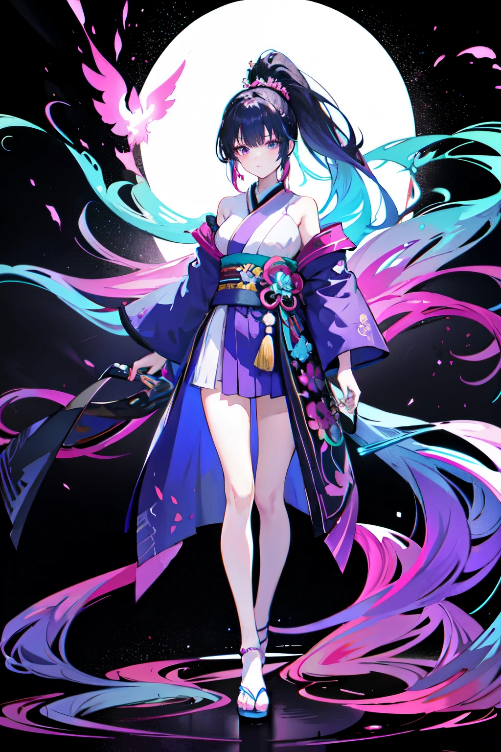 masterpiece, full body, long magenta ponytail hair, clean eyes, challenging samurai female standing side at view, wear turquoise kimono detailed, soft shadows, dim light, bioluminescent colors, simple dark background with lrim light bubbles floating