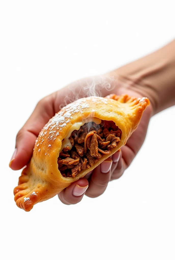 Hand holding a fried empanada with shredded meat on a white background