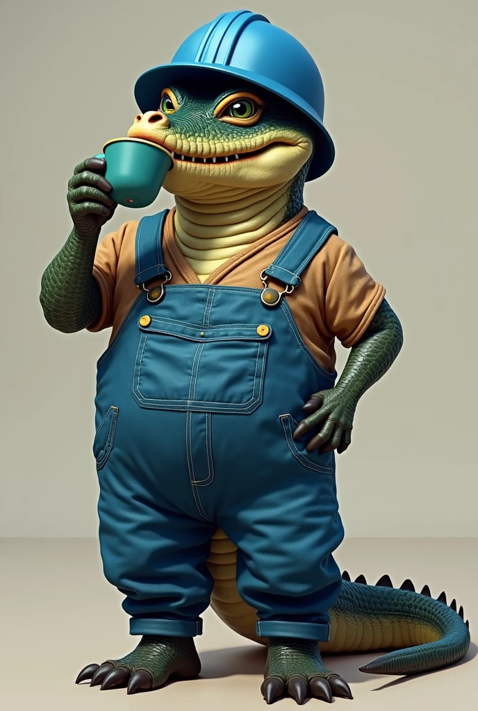 Yacare with blue worker's clothes and blue helmet drinking mate