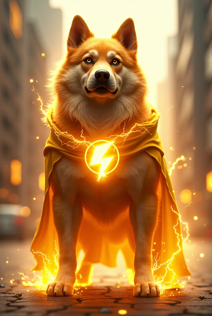 a super hero dog, with a golden coating, with an electricity logo on the chest, the dazzling hero of energy 