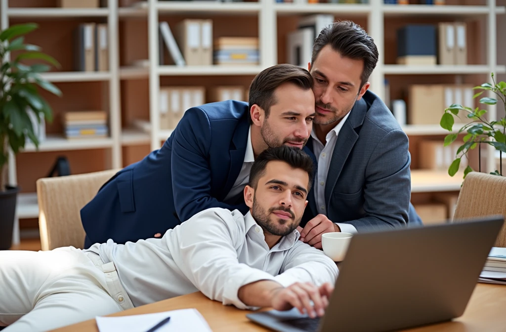 Two American male white-collar workers are operating laptops in the office，8k HD resolution，Natural light and shadow
