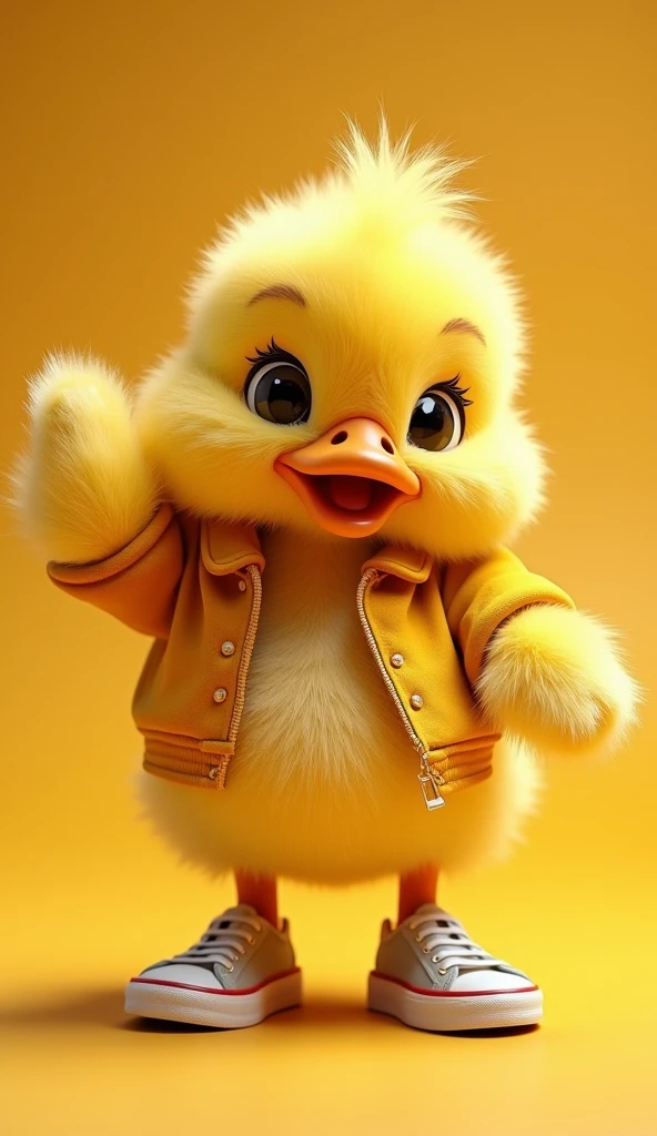 A Yellow Fluffy Duck With Raised Hand, Wearing A Jacket And Sneakers, Adorable, Highly Detailed, Photorealistic, 8K, Studio Lighting, Vibrant Colors, Dynamic Pose, Soft Feathers, Expressive Eyes, Detailed Texture, Realistic Materials, Whimsical, Charming, Playful, Touching, Exciting