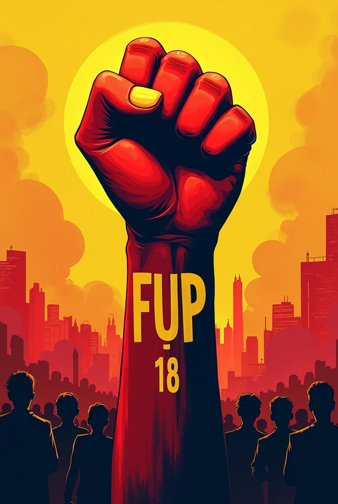 An image of a fist involving politics with the name Fup and number 18 with red and yellow color , with the people in front 
