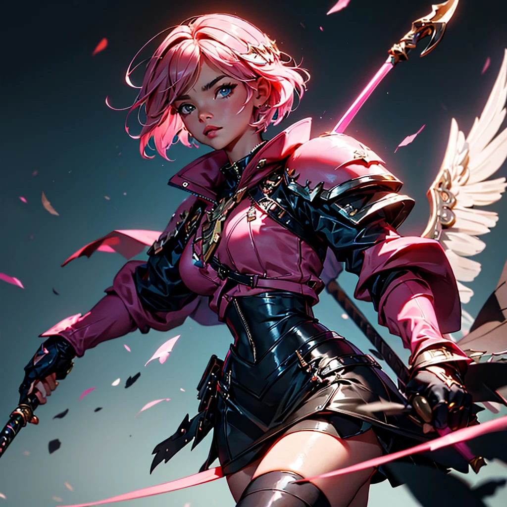 envision a 8k, highres, cinematic, beautiful close up portrait of a hawk woman with pretty mature features posing with a halberd with short pink hair, wings on head, a black shiny skirt, black tights, flight jacket, leather armor, magic effects in dark lighting, against a dark gray background