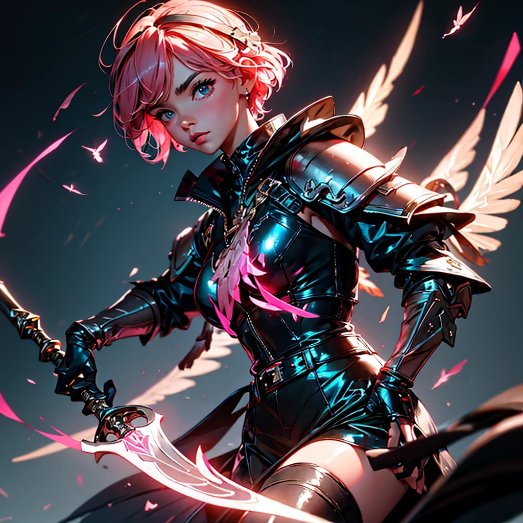 envision a 8k, highres, cinematic, beautiful close up portrait of a hawk woman with pretty mature features posing with a halberd with short pink hair, wings on head, a black shiny skirt, black tights, flight jacket, leather armor, magic effects in dark lighting, against a dark gray background