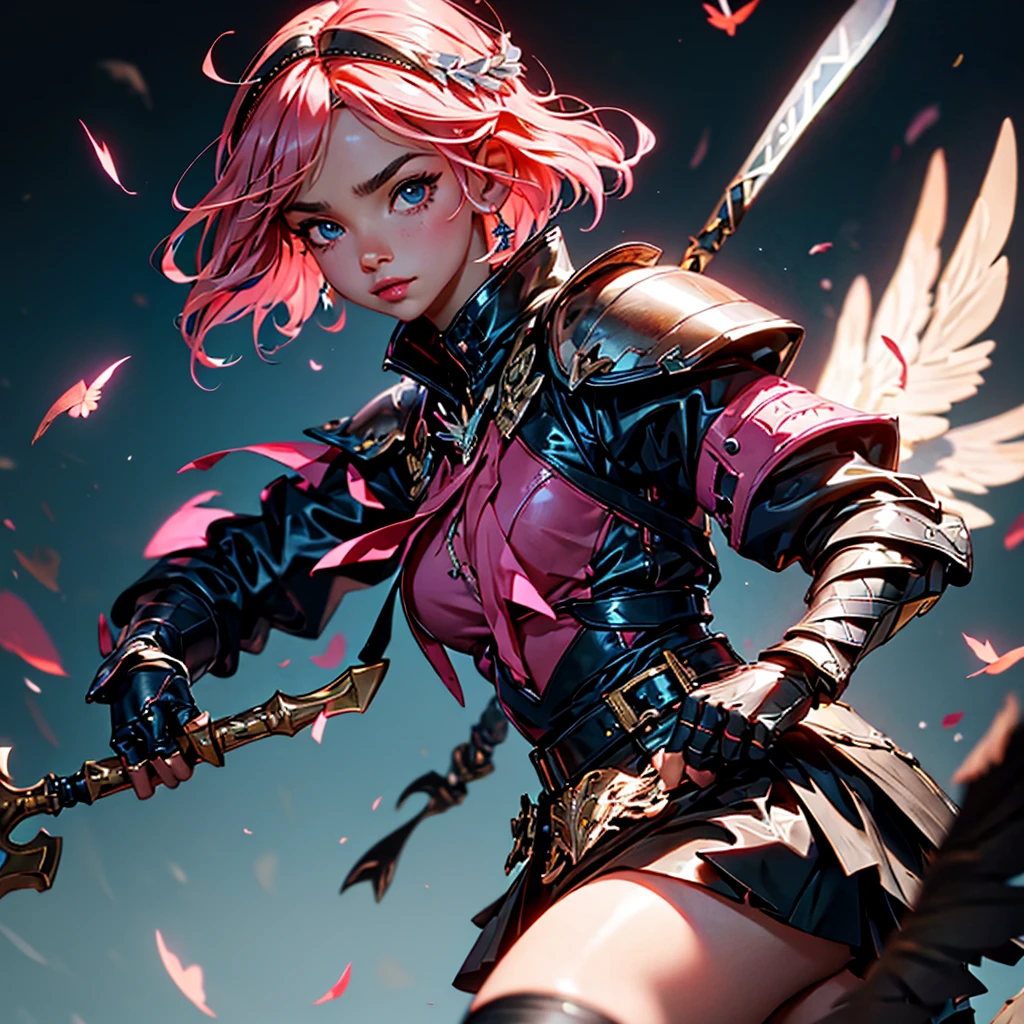 envision a 8k, highres, cinematic, beautiful close up portrait of a hawk woman with pretty mature features posing with a halberd with short pink hair, wings on head, a black shiny skirt, black tights, flight jacket, leather armor, magic effects in dark lighting, against a dark gray background