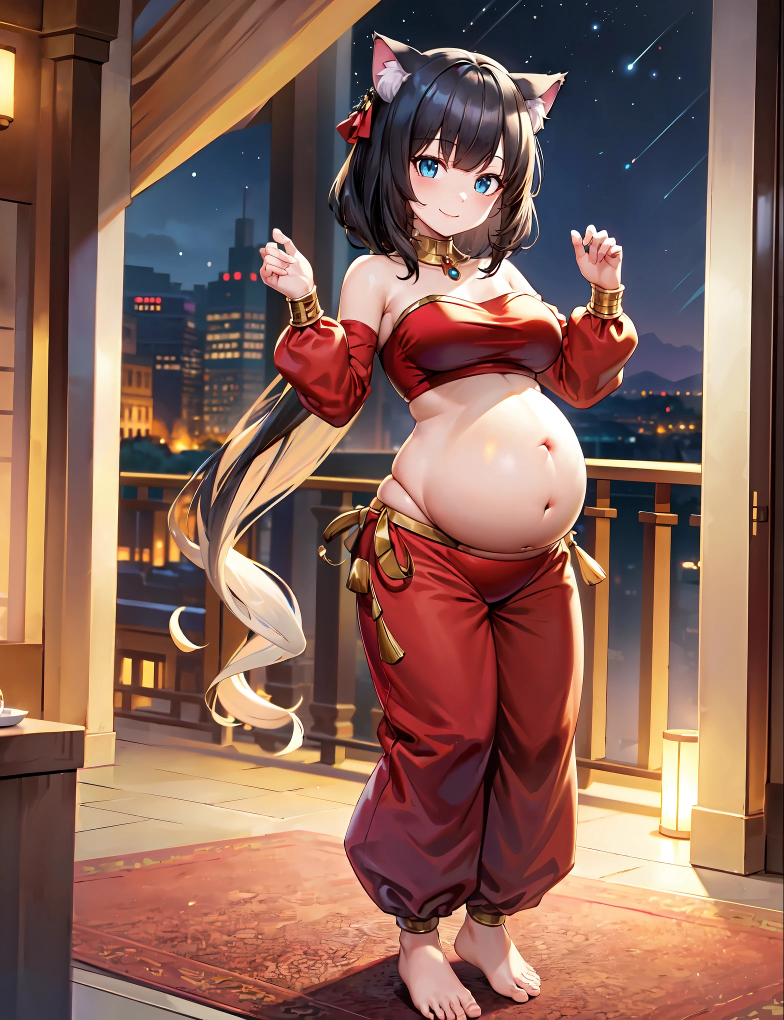  (best quality, ultra-high resolution, depth of field:1.2), (full body shot:1.2), (perfect body:1.2), (big breasts:1.2), (round pregnant belly:1.2), beautiful face, (2), (cat woman), radiant eyes, (gray eyes:1.2), (beautiful smile), (black hair), animal ears, (fluffy cat ears), (fluffy cat tail), (strapless top:1.2), (long sleeves:1.2), (wearing a baggy harem belly dance pants:1.2), (bare feet:1.2), (full of jewelry:1.2), night time, (multiple points of views), (standing pose:1.2)