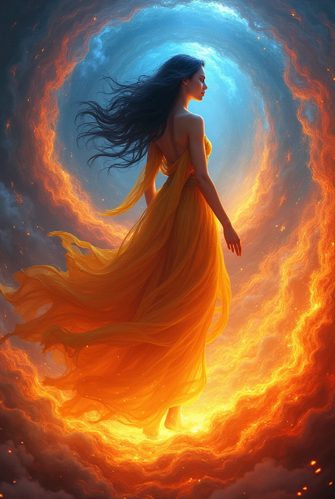 Goddess Blooming-Flame: black hair, blue eyes, yellow dress, scarlet cloak, scarlet and blue flames swirl in vortices