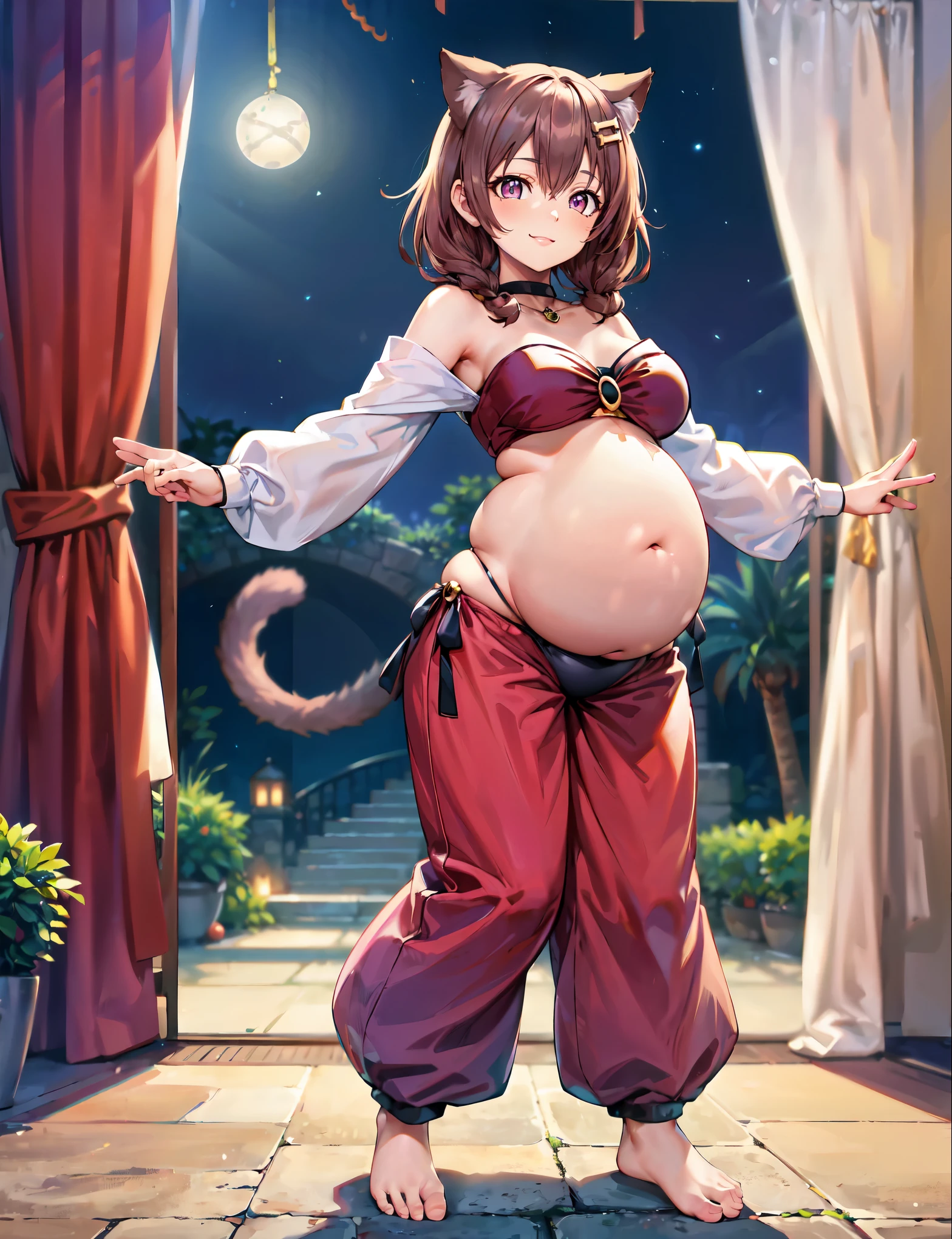  (best quality, ultra-high resolution, depth of field:1.2), (full body shot:1.2), (perfect body:1.2), (big breasts:1.2), (round pregnant belly:1.2), beautiful face, (2), (cat woman), radiant eyes, (pink eyes:1.2), (beautiful smile), (brown hair), animal ears, (fluffy cat ears), (fluffy cat tail), (strapless top:1.2), (long sleeves:1.2), (wearing a baggy harem belly dance pants:1.2), (bare feet:1.2), (full of jewelry:1.2), night time, (multiple points of views), (standing pose:1.2)