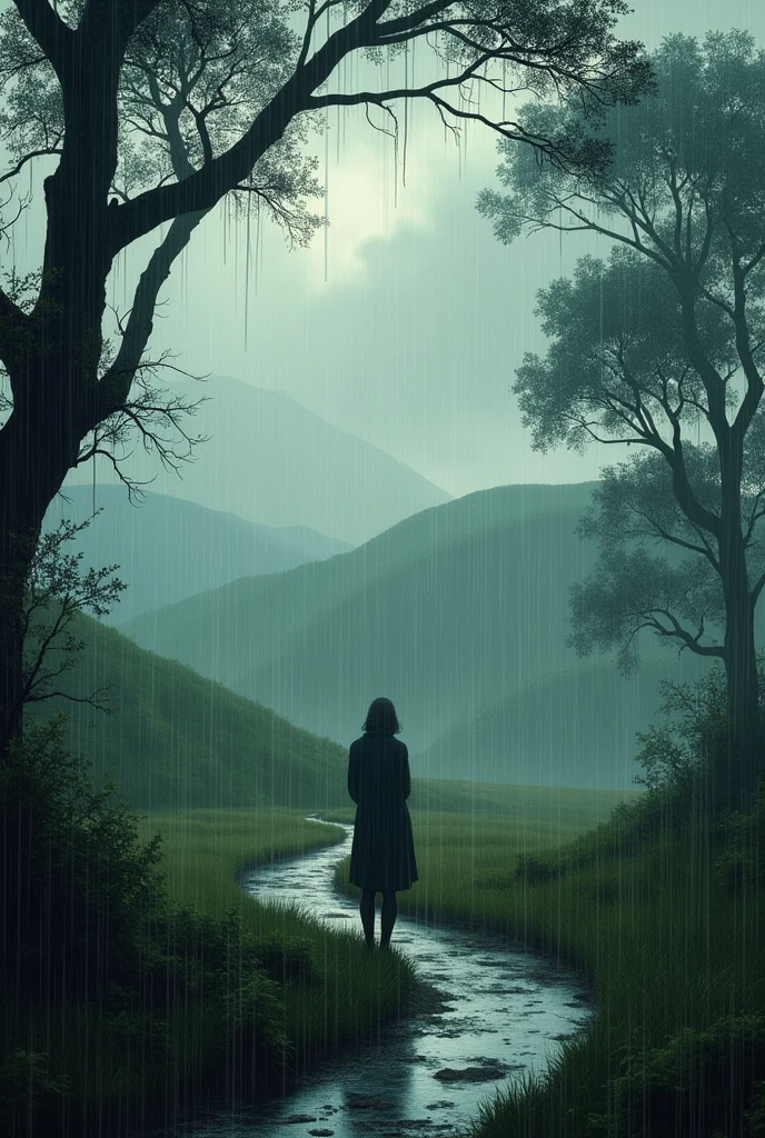 A rainy literary fiction landscape