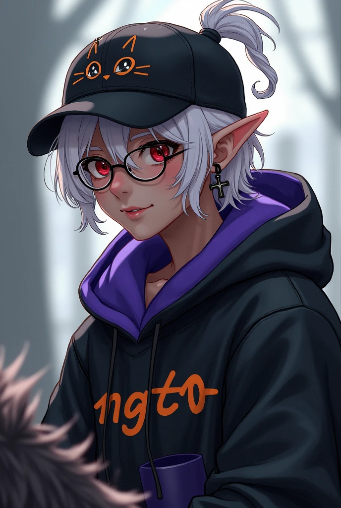 young man, Black skin tone, dark red eyes, elf ear small size, black earring in the shape of a cross but with two ears, wears prescription glasses, White hair, hair tied with ponytail, 2 strands of hair in the front, wears a black cap with a cat face, wears a closed hood with two different colors, black on one side and purple on the other, with an orange name written: NGGTO. Mounted on a Foolion