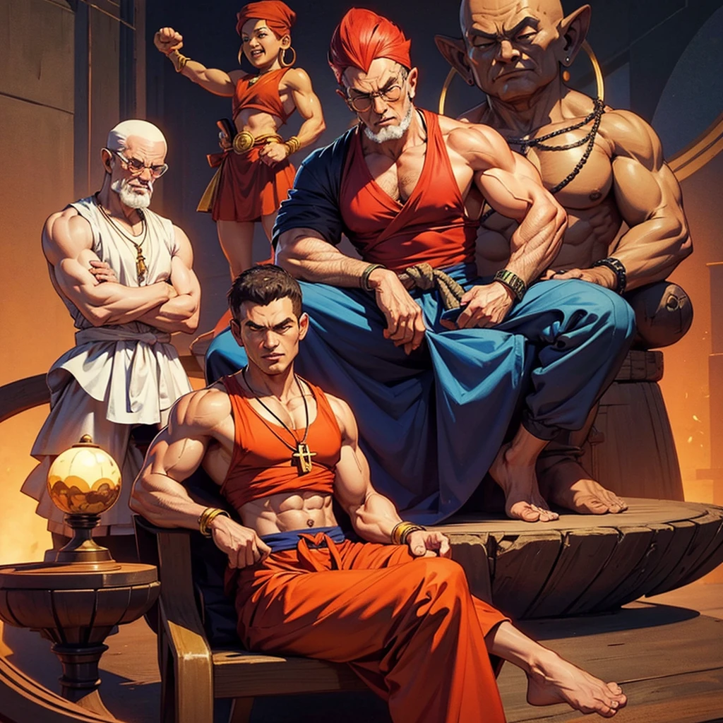 Draw a muscular Muten Roshi with a cross-legged Buddha pose and a sphere necklace