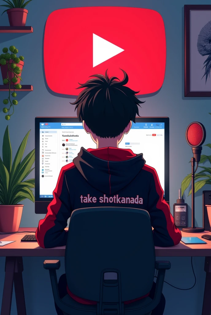 Prompt for AI AVATAR 👇
Create a image of "A 18 years anime boy sitting in front of a computer desk with a microphone and laptop, wearing black and red hoodie with the Channel Name on it "TAKESHOTKANNADA". The background includes a large YouTube logo on the wall, potted plants on either side, and various recording equipment front of screen show front."