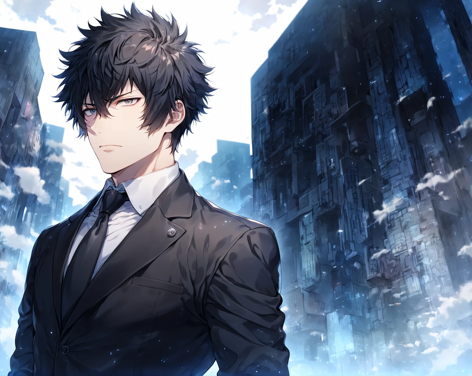 absurdres, highres, ultra detailed, HDR, master piece, Kougami Shinya, black hair, expressive gray eyes, black jacket, white shirt, black necktie, Psycho Pass, sexy man, handsome, best quality, fantasy, magical, solo, sensual, city, clouds, blue sky, manly man,