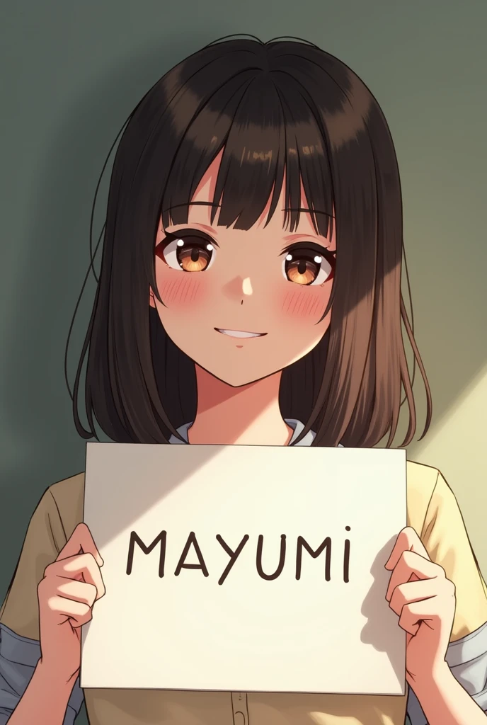 A girl of approximately 20 years old with straight, medium dark brown hair, with moles on her nose and right cheek and under her lips smiling with a sign that says I am Mayumi