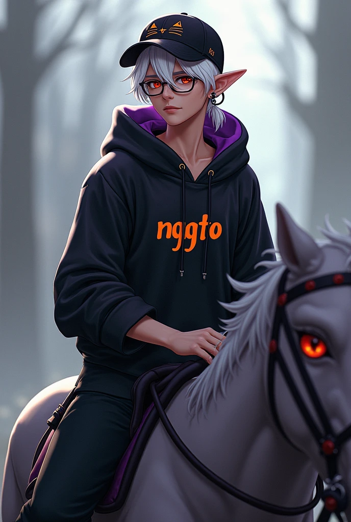 young man, Black skin tone, dark red eyes, elf ear small size, black earring in the shape of a cross but with two ears, wears prescription glasses, White hair, hair tied with ponytail, 2 strands of hair in the front, wears a black cap with a cat face, wears a closed hood with two different colors, black on one side and purple on the other, with an orange name written: NGGTO. Mounted on a Foolion