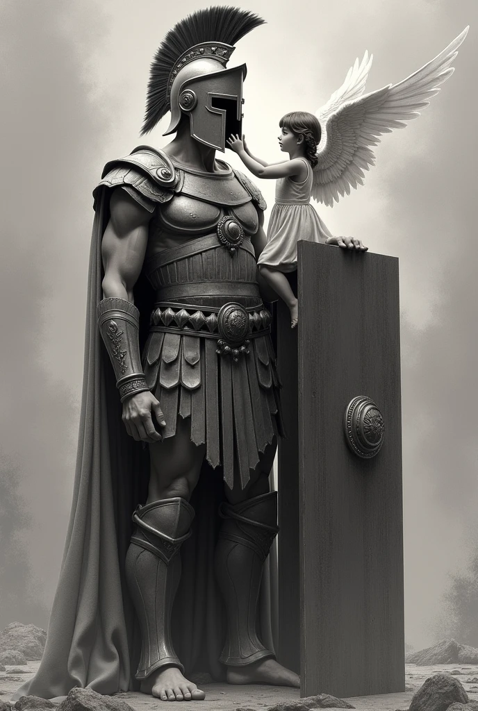 Create a drawing in honor of my father and daughter who died. I need a drawing where there is a Spartan warrior facing away with a shield in his hand and the other holding a flying angel