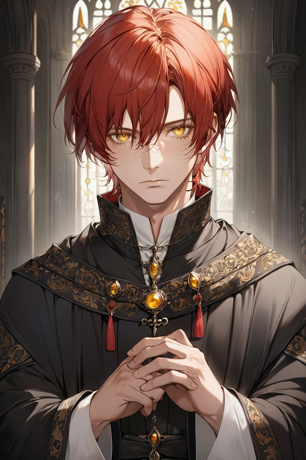 ((masterpiece)), ((best quality)), (from front, facing front:1.2), 1man, mature male, solo, detailed yellow eyes, red hair, black ornate medieval robe, white shirt