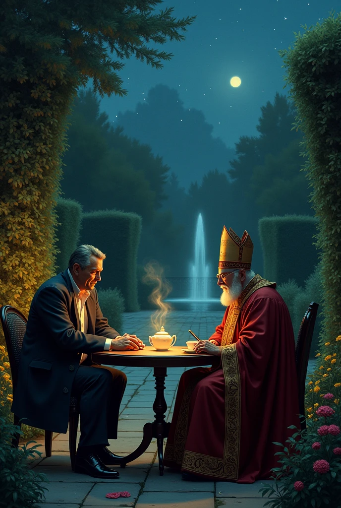 creates a detective-like middle-aged man having tea with a bishop in a garden at night