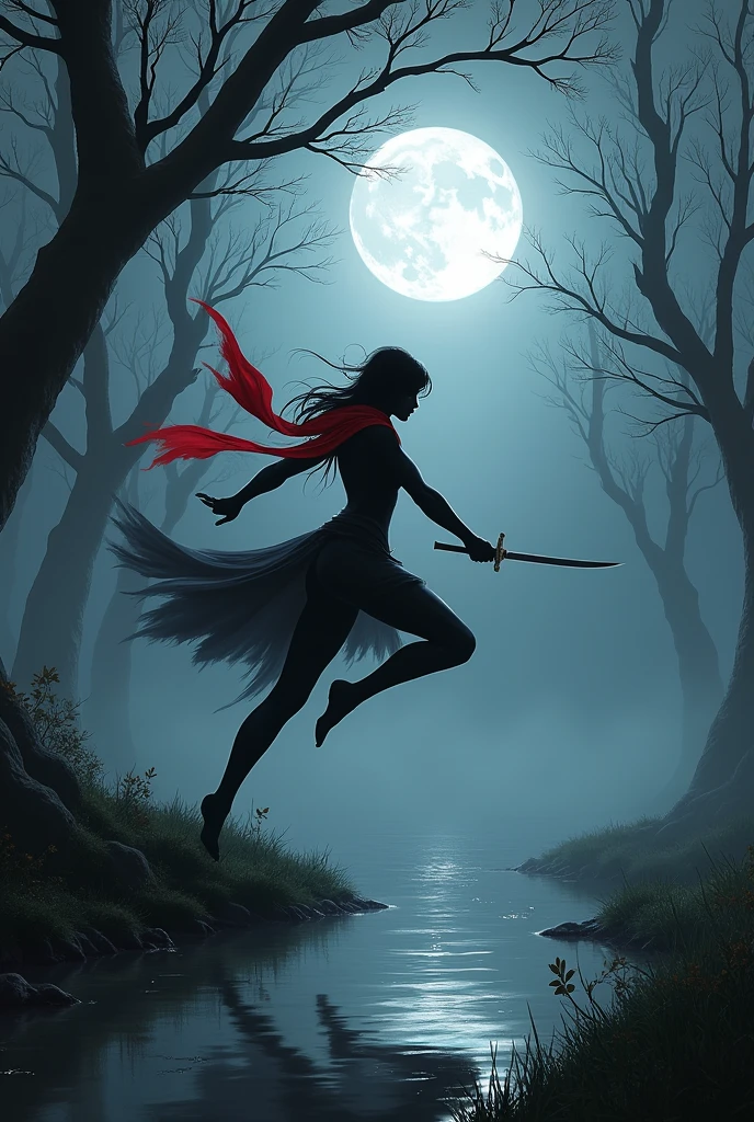 A shadowy female figure dressed in a sleek, all-black ninja-inspired outfit, with a flowing red scarf trailing behind her. She is captured mid-air, performing an elegant and powerful leap under the silvery glow of a full moon. The stark contrast between the darkness of the night and the moonlit landscape creates a dramatic scene. Her eyes are sharp and focused, reflecting the cold determination of a seasoned assassin on a mission. The moon casts a soft, ethereal light on her lithe form, highlighting her muscular physique and the deadly blade gripped in her hand. The surrounding environment is a blend of tall, ancient trees with gnarled branches that reach up like skeletal fingers and a dense fog that clings to the ground, adding an aura of mystery and danger. The leaves on the trees shiver slightly in the breeze, and the moon's reflection dances on the surface of a nearby, still pond, creating ripples that hint at the disturbance in the serene environment. The figure seems to be in a clearing, with the moon directly above, as if spotlighting her for a brief moment. The overall composition suggests a moment of suspense, a split second before she strikes her unsuspecting target, hidden within the inky shadows beyond the frame. The scene is suffused with tension and the silent promise of swift, precise violence.