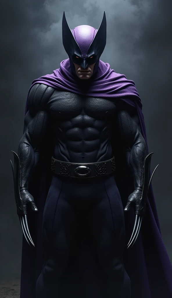 Dark, dark Wolverine character with dark purple color uniform with black gradient, with an evil energy around him, Further away from the camera, full body image with as much detail and high definition as possible, HD, Realistic. Black color shaded screen background with white.