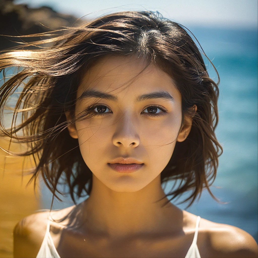 A hyper-realistic image of a single Japanese woman in her early 20s, captured with the nostalgic warmth and pronounced graininess of a film camera, showing her from the shoulders up as she stands on a sunlit beach. Her skin has a warm beige tone with a natural, visibly rough texture that includes pronounced pores, fine lines, and subtle imperfections such as small blemishes, slight unevenness, and a hint of sun exposure, contributing to the authenticity of her appearance. The texture of her skin is intentionally less smooth, with a tangible roughness that enhances the realism, making the surface appear slightly weathered by the elements. The soft, diffused natural light illuminates her face and shoulders with a gentle touch, casting shadows that subtly reveal the unevenness of her skin. Her straight, glossy black hair flows naturally in the ocean breeze, framing her face, and her deep brown eyes reflect the soft sunlight and the shimmering sea. The film camera effect amplifies the grain and texture, creating a warm, nostalgic atmosphere while maintaining the deliberately rougher, less polished texture of her skin. The composition, focused on her upper body, captures the serene elegance of the beach setting, highlighting the natural interaction of light and shadow on her skin. This combination of a rough, realistic skin texture, soft natural light, and the grainy film-like qualities ensures that the image presents an authentic, lifelike portrayal of the woman, centered on her face and shoulders.