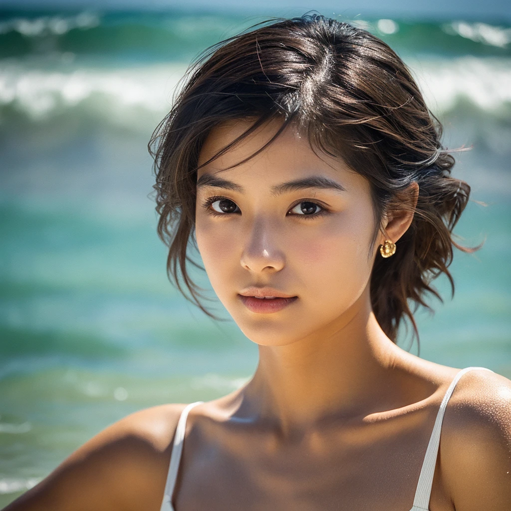 A hyper-realistic image of a single Japanese woman in her early 20s, captured with the nostalgic warmth and pronounced graininess of a film camera, showing her from the shoulders up as she stands on a sunlit beach. Her skin has a warm beige tone with a natural, visibly rough texture that includes pronounced pores, fine lines, and subtle imperfections such as small blemishes, slight unevenness, and a hint of sun exposure, contributing to the authenticity of her appearance. The texture of her skin is intentionally less smooth, with a tangible roughness that enhances the realism, making the surface appear slightly weathered by the elements. The soft, diffused natural light illuminates her face and shoulders with a gentle touch, casting shadows that subtly reveal the unevenness of her skin. Her straight, glossy black hair flows naturally in the ocean breeze, framing her face, and her deep brown eyes reflect the soft sunlight and the shimmering sea. The film camera effect amplifies the grain and texture, creating a warm, nostalgic atmosphere while maintaining the deliberately rougher, less polished texture of her skin. The composition, focused on her upper body, captures the serene elegance of the beach setting, highlighting the natural interaction of light and shadow on her skin. This combination of a rough, realistic skin texture, soft natural light, and the grainy film-like qualities ensures that the image presents an authentic, lifelike portrayal of the woman, centered on her face and shoulders.