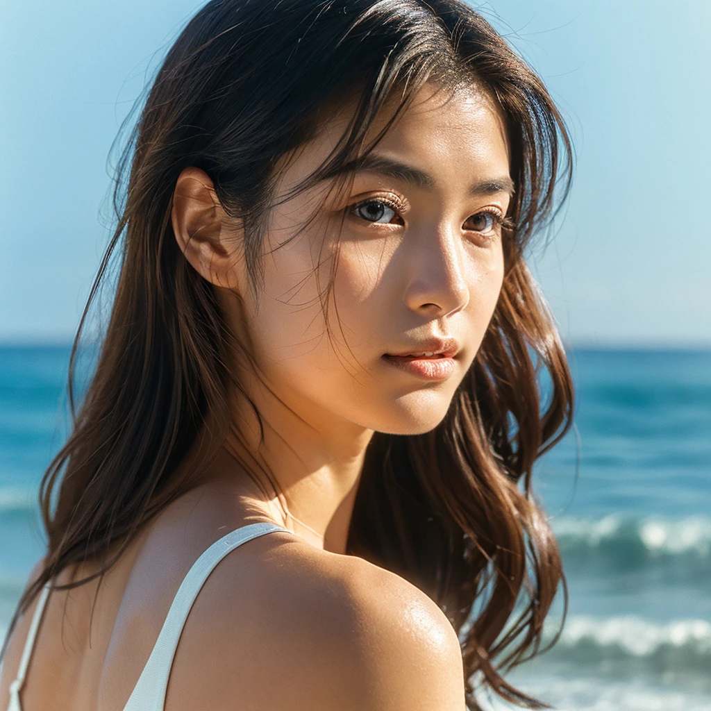 A hyper-realistic image of a single Japanese woman in her early 20s, captured with the nostalgic warmth and pronounced graininess of a film camera, showing her from the shoulders up as she stands on a sunlit beach. Her skin has a warm beige tone with a natural, visibly rough texture that includes pronounced pores, fine lines, and subtle imperfections such as small blemishes, slight unevenness, and a hint of sun exposure, contributing to the authenticity of her appearance. The texture of her skin is intentionally less smooth, with a tangible roughness that enhances the realism, making the surface appear slightly weathered by the elements. The soft, diffused natural light illuminates her face and shoulders with a gentle touch, casting shadows that subtly reveal the unevenness of her skin. Her straight, glossy black hair flows naturally in the ocean breeze, framing her face, and her deep brown eyes reflect the soft sunlight and the shimmering sea. The film camera effect amplifies the grain and texture, creating a warm, nostalgic atmosphere while maintaining the deliberately rougher, less polished texture of her skin. The composition, focused on her upper body, captures the serene elegance of the beach setting, highlighting the natural interaction of light and shadow on her skin. This combination of a rough, realistic skin texture, soft natural light, and the grainy film-like qualities ensures that the image presents an authentic, lifelike portrayal of the woman, centered on her face and shoulders.