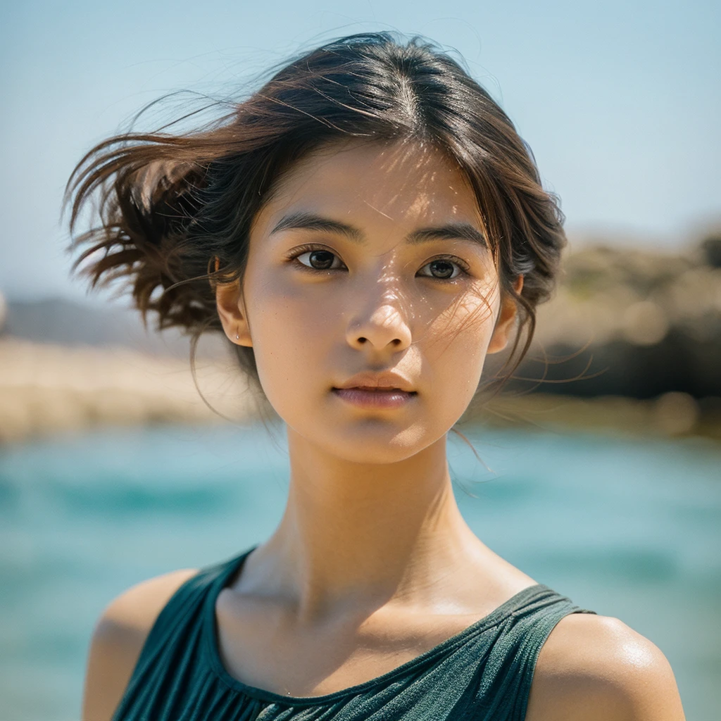A hyper-realistic image of a single Japanese woman in her early 20s, captured with the nostalgic warmth and pronounced graininess of a film camera, showing her from the shoulders up as she stands on a sunlit beach. Her skin has a warm beige tone with a natural, visibly rough texture that includes pronounced pores, fine lines, and subtle imperfections such as small blemishes, slight unevenness, and a hint of sun exposure, contributing to the authenticity of her appearance. The texture of her skin is intentionally less smooth, with a tangible roughness that enhances the realism, making the surface appear slightly weathered by the elements. The soft, diffused natural light illuminates her face and shoulders with a gentle touch, casting shadows that subtly reveal the unevenness of her skin. Her straight, glossy black hair flows naturally in the ocean breeze, framing her face, and her deep brown eyes reflect the soft sunlight and the shimmering sea. The film camera effect amplifies the grain and texture, creating a warm, nostalgic atmosphere while maintaining the deliberately rougher, less polished texture of her skin. The composition, focused on her upper body, captures the serene elegance of the beach setting, highlighting the natural interaction of light and shadow on her skin. This combination of a rough, realistic skin texture, soft natural light, and the grainy film-like qualities ensures that the image presents an authentic, lifelike portrayal of the woman, centered on her face and shoulders.