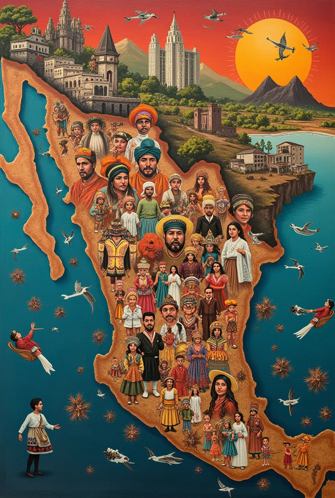 Collage of the Mexican Republic with inhabitants of each region