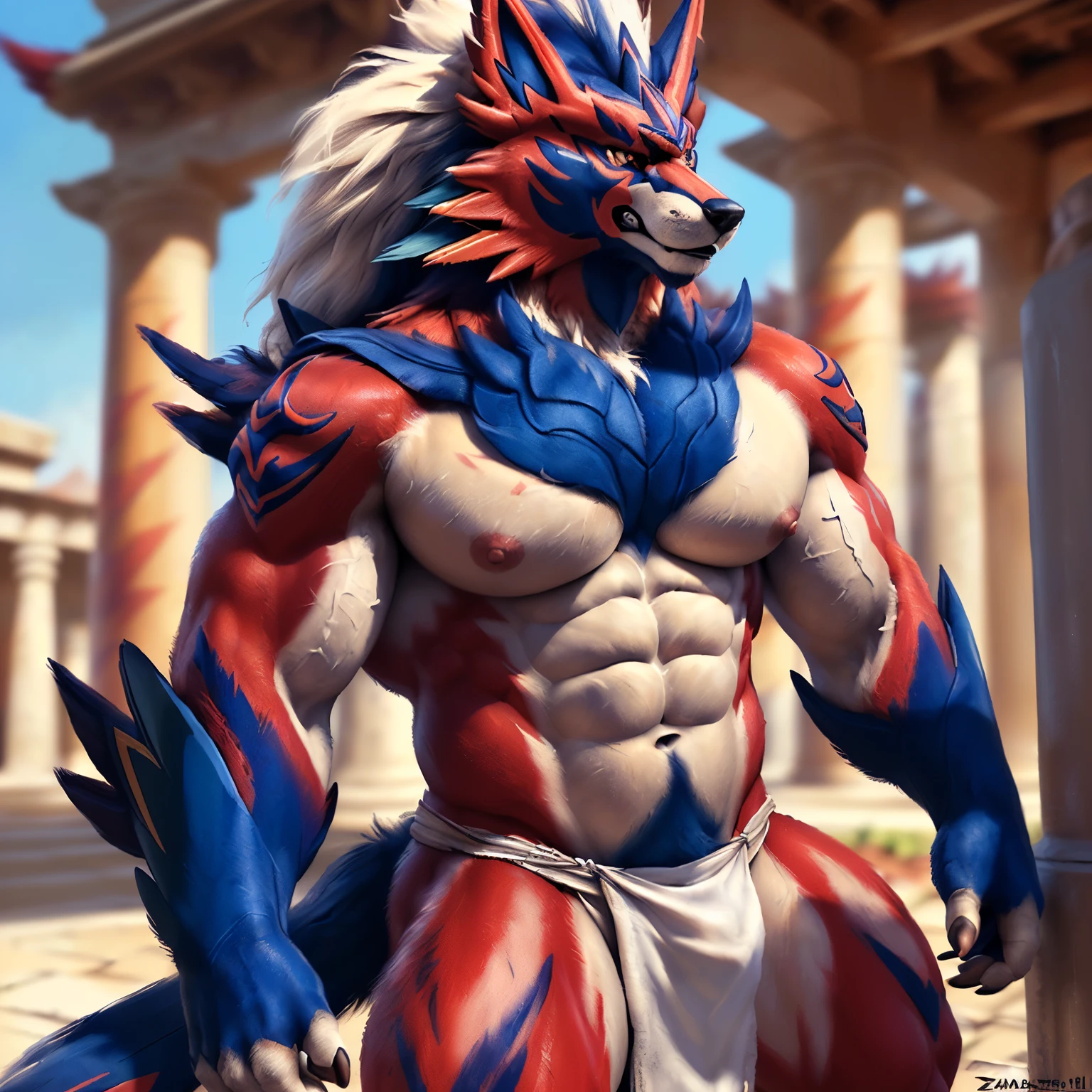 (((((Zamazenta \(pokemon\)))))), ((serious face)), (((red body))), (((((showing pecs))))), (temple background), (((sacred white loincloth))), ((detailed nipples)), (((((huge muscular pecs:1.0))))), ((((detailed muscular abs)))), (((broad shoulder))), (muscular thighs), detailed muscles, bright body, detailed face, high detailed, high resolution, high quality, (bodybuilder muscular body), manly masculine male, by bruteandbrawn, by personalami, by kenket, (((((score_9, score_8_up, score_7_up, intricate, high detail, film photography, soft focus, RAW candid cinema, photorealism, realistic, photorealistic, analog style, subsurface scattering, masterpiece, best quality, ultra realistic, 8k)))))