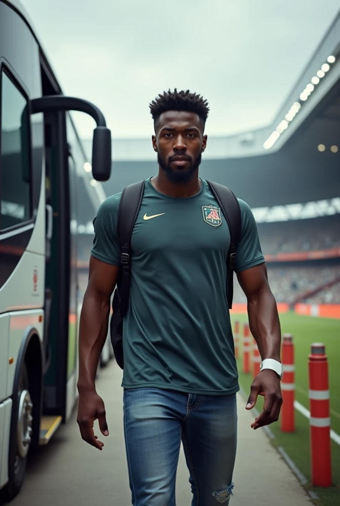 Black skinned European football player , leaving the club sports bus, dressed in normal clothes, with a backpack, Outside the stadium