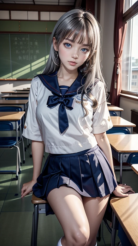 hour々Arya-san next to me is whispering in Russian、Russian women、high school girl、Sailor suit、mini skirt、Knee-high socks、Silver Hair、At the back of a Japanese high school classroom、Take a seat、smile