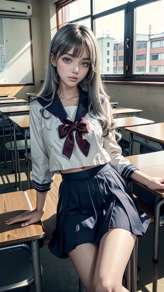 hour々Arya-san next to me is whispering in Russian、Russian women、high school girl、Sailor suit、mini skirt、Knee-high socks、Silver Hair、At the back of a Japanese high school classroom、Take a seat、smile