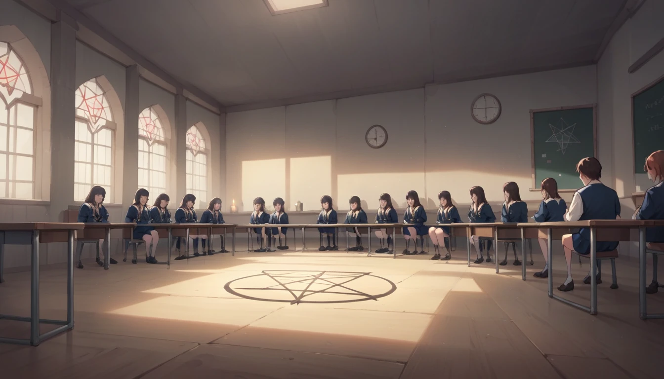 "A dimly lit, empty classroom with an unsettling atmosphere. The room is mostly dark, with the only light coming from the faint glow of a pentagram drawn on the floor in the center. The desks and chairs are pushed to the sides, leaving the middle of the room clear for the ritual. The pentagram is intricately drawn with chalk, surrounded by strange symbols and lit candles at each point, casting flickering shadows across the room. In the center of the pentagram, five girls sit cross-legged, their faces serious and focused as they chant in unison. They are dressed in school uniforms, but their expressions and the dark circles under their eyes give them an eerie, otherworldly appearance. The air is thick with tension, and there’s a sense that something supernatural is about to happen. The windows are closed, with the curtains drawn, allowing no outside light to penetrate. The overall atmosphere is haunting, with a mix of fear and anticipation hanging in the air as the ritual reaches its climax."