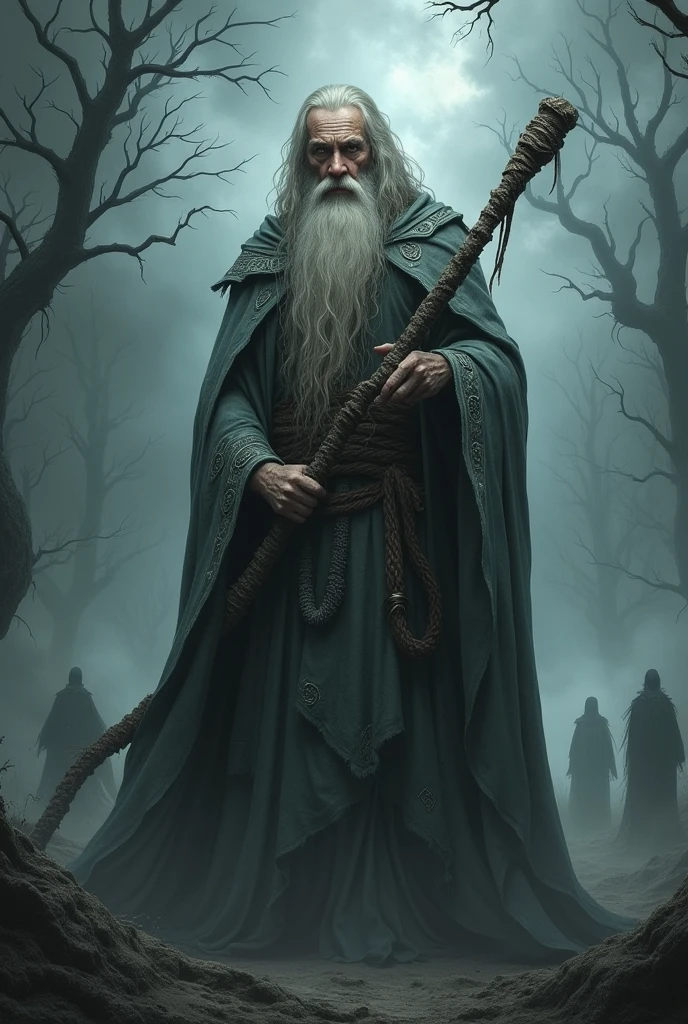 Create for me an image of a haunted and feared wizard written Gandalf Grey Wizard