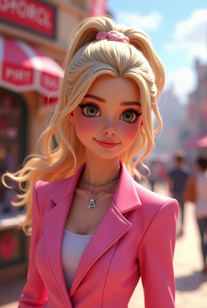 Beautiful Disney Pixar girl showing her cosmetology booth .with her pink suit black eyes blonde hair in a ponytail