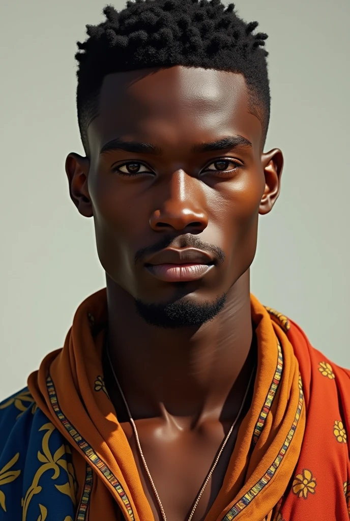 Draw a Brown Skinned Man,
, with African features and clothing, striking eyes,Youngh