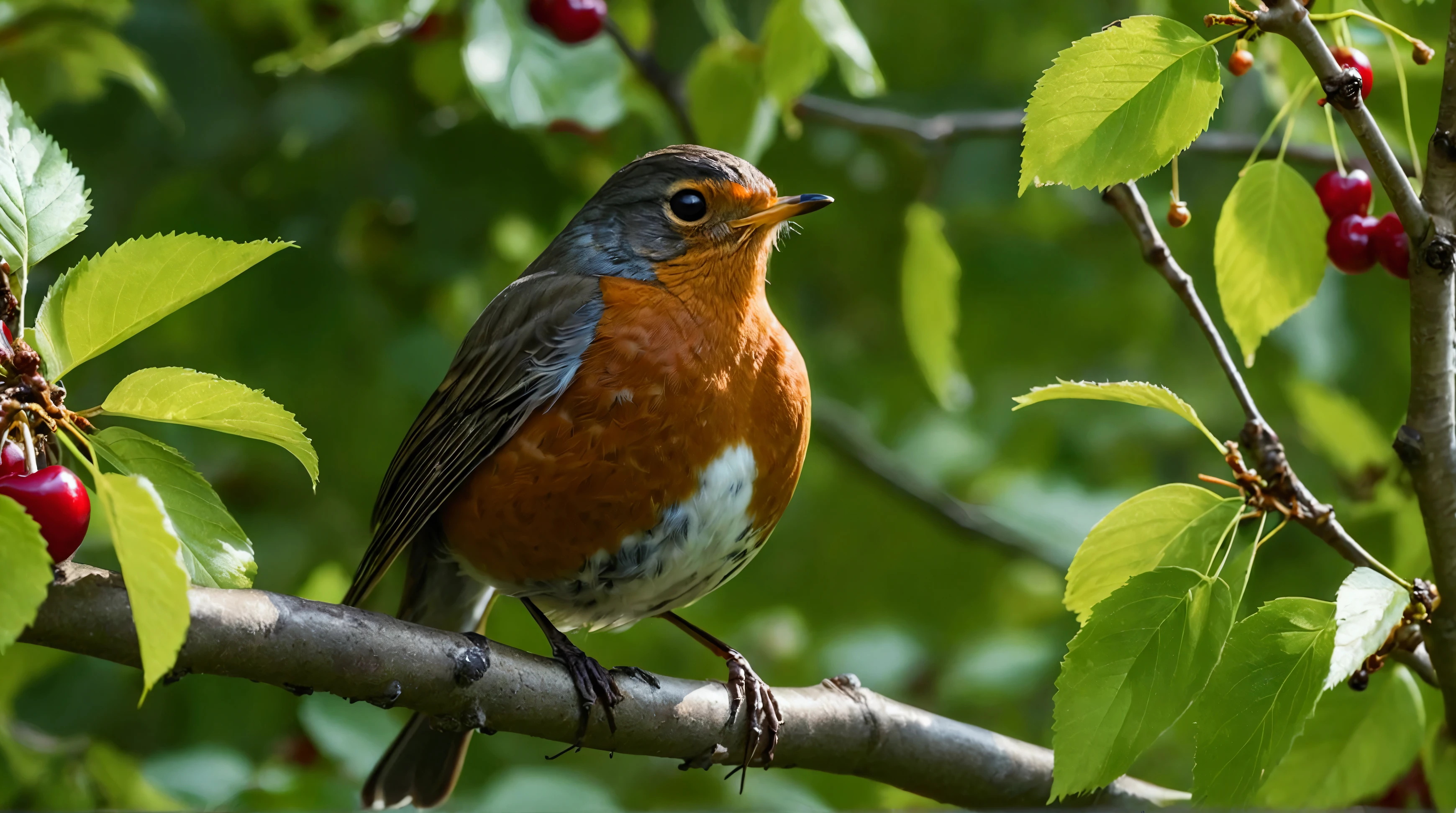 Ultra-high-definition 8K close-up photo of a North American robin perched gracefully on a cherry tree branch. The bird is in a beautiful pose, surrounded by lush green leaves and clusters of nearly ripe cherries.